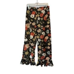 Warm Womens S Floral Wide Leg Ruffle Hem Pants Black Orange 100% Cotton